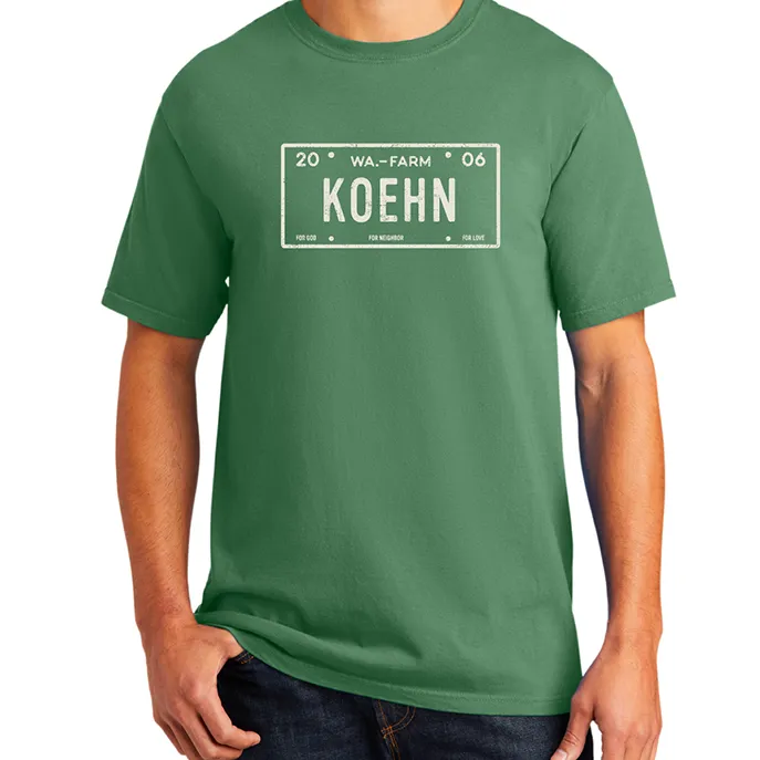 KOEHN simulated license plate on tractor green, for God, For Neighbor, For Love